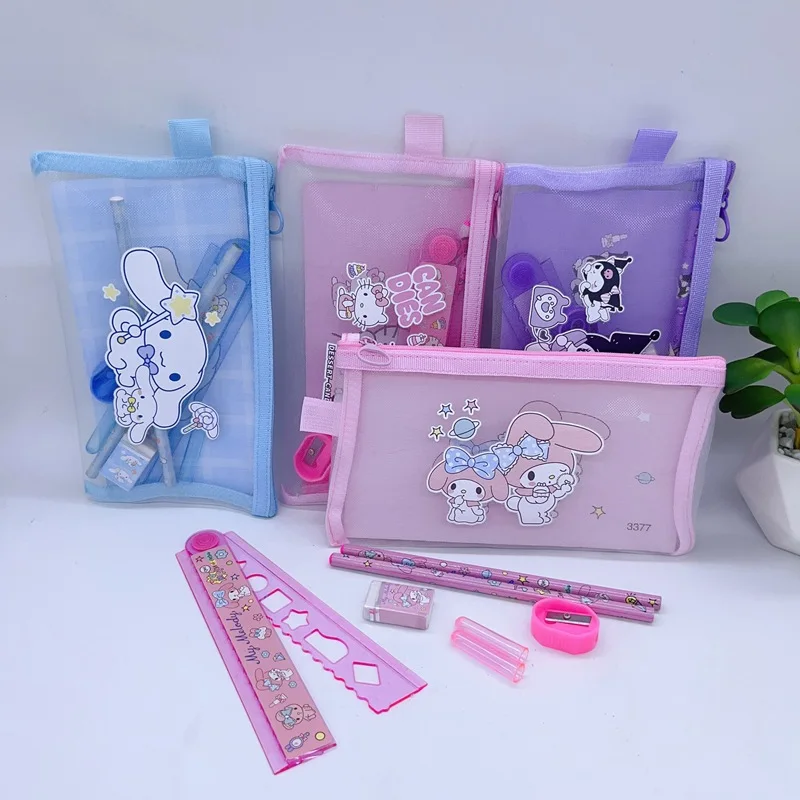 Sanrio Kuromi My Melody A6 Stationery Set Mesh Pencil Case Kawaii Comes With A Wooden Pencil And Rubber Ruler As A Student Gifts