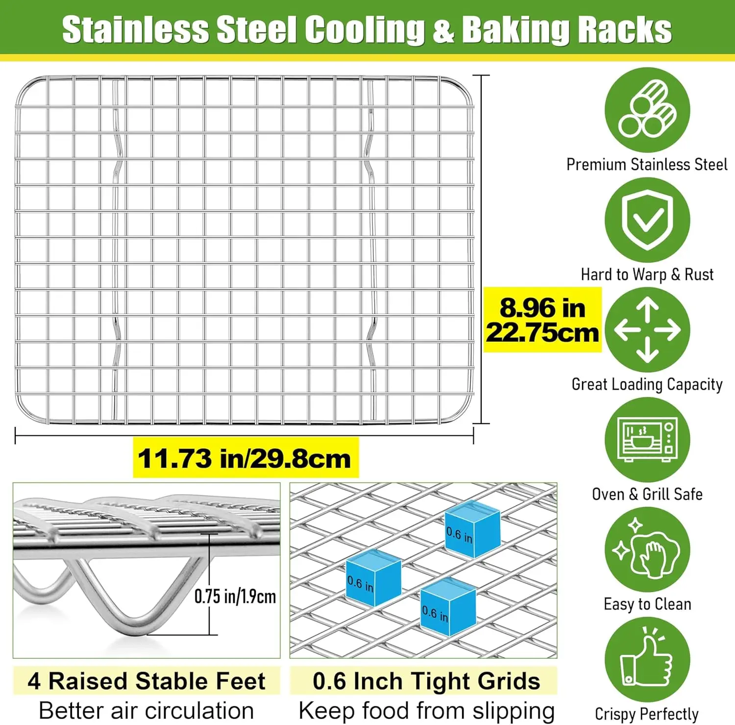 12x9 Inch Stainless Steel Cooling Rack Set for Quarter Sheet Pan | 2 Pack Small Baking Racks for Cookie Bread Pizza, Toaster Ove