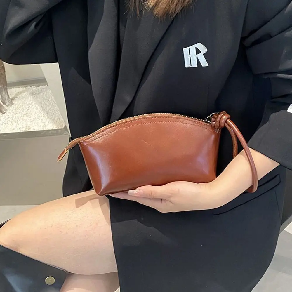 Large Capacity Vegetable Tanned Leather Handbag Light Luxury Lightweight Mobile Phone Bag Simple Design Wrist Coin Purse