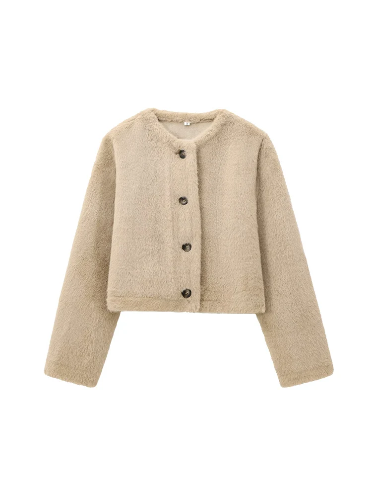 

European style new women's fashion versatile temperament solid color artificial fur round neck short jacket coat