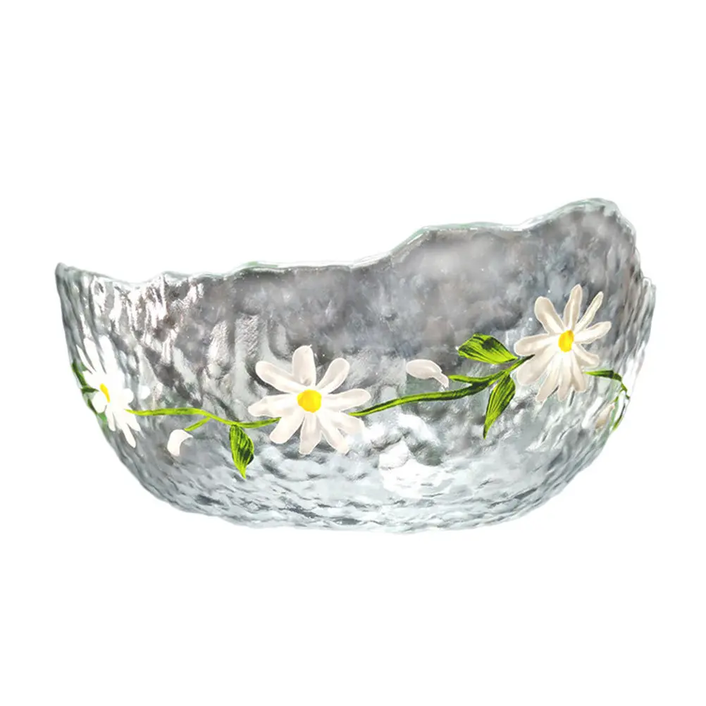 

1Pcs Glass Fruit Bowl Exquisite Daisy Pattern Decorative Multi-Function Food Serving Container for Daily Use Dinner Party