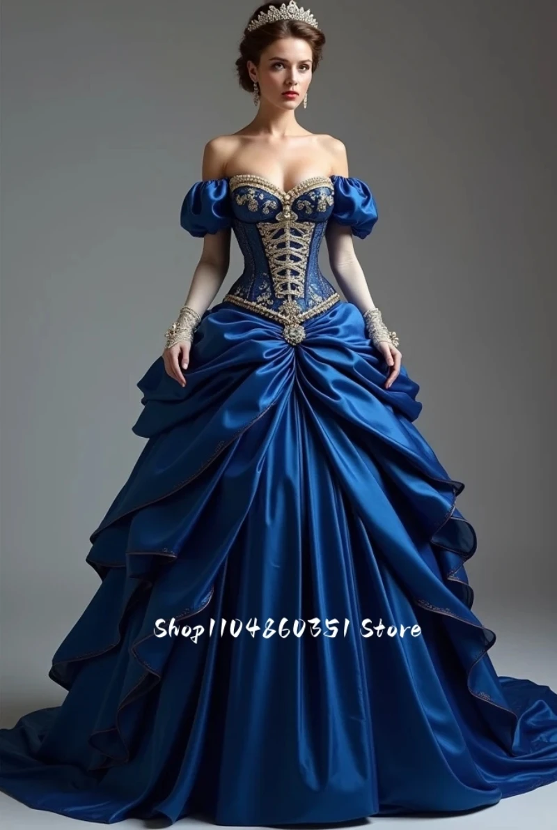 

Vintage Victorian Bustle Prom Dress Ruched Bustle Blue Satin Corset Historical Costume Customized Women Masquerade Dress