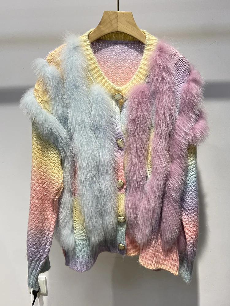 

Autumn Women Colorful Real Fox Fur Decoration Knitting Spring Loose Long Sleeve Sweater Coat