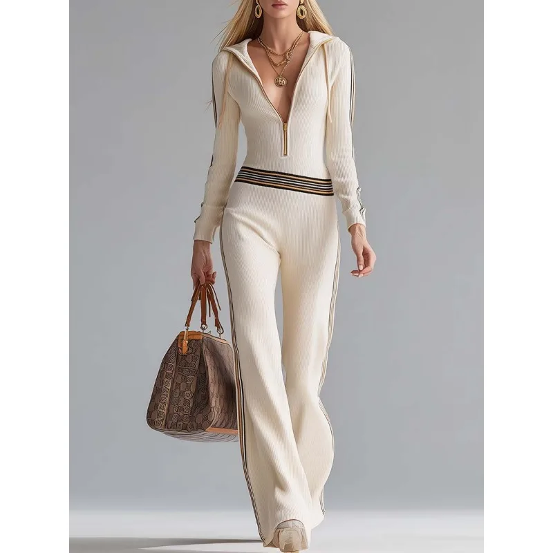 Fashion Contrast Color Strip Knitted Jumpsuit New Women's Autumn Winter Long-sleeved Zippered Long-sleeved Hooded Jumpsuit