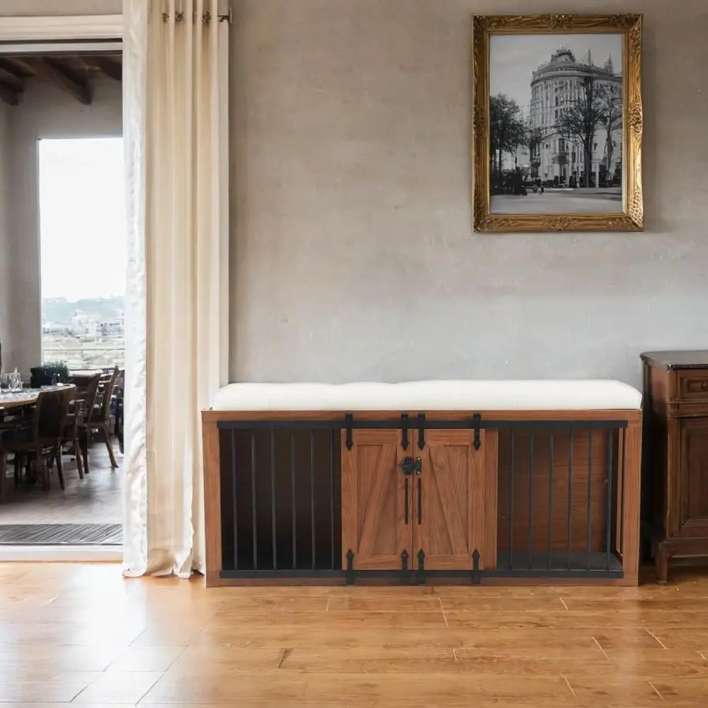 

Роскошный деревянный ящик для собак двойного назначения с мягким сиденьем, османская скамейка для широкой кровати 56, съемная подушка и раздвижная дверь для домашнего декора