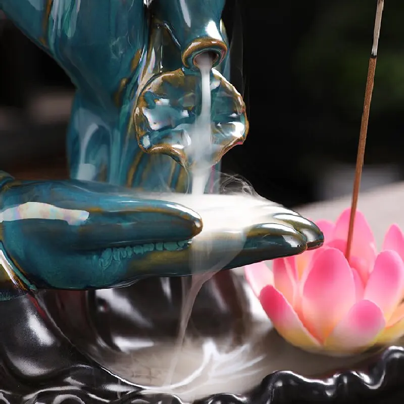 Zen Buddha Hand Ceramic Waterfall Backflow Incense Stick Holder Home Decor Censer