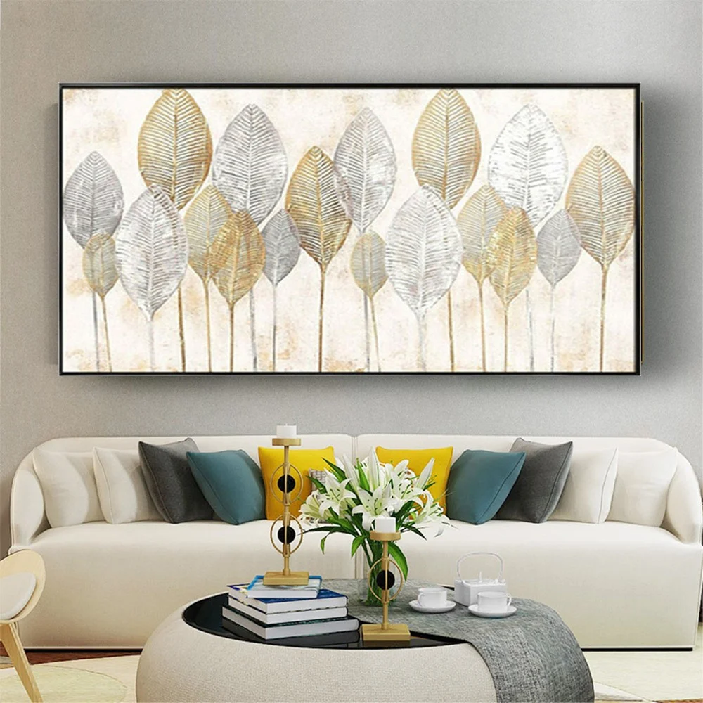 

Pop Gold Silver 100% Handmade Abstract Oil Painting On Canvas Big Size Modern Leaf Wall Art Pictures For Living Room Decor Wall