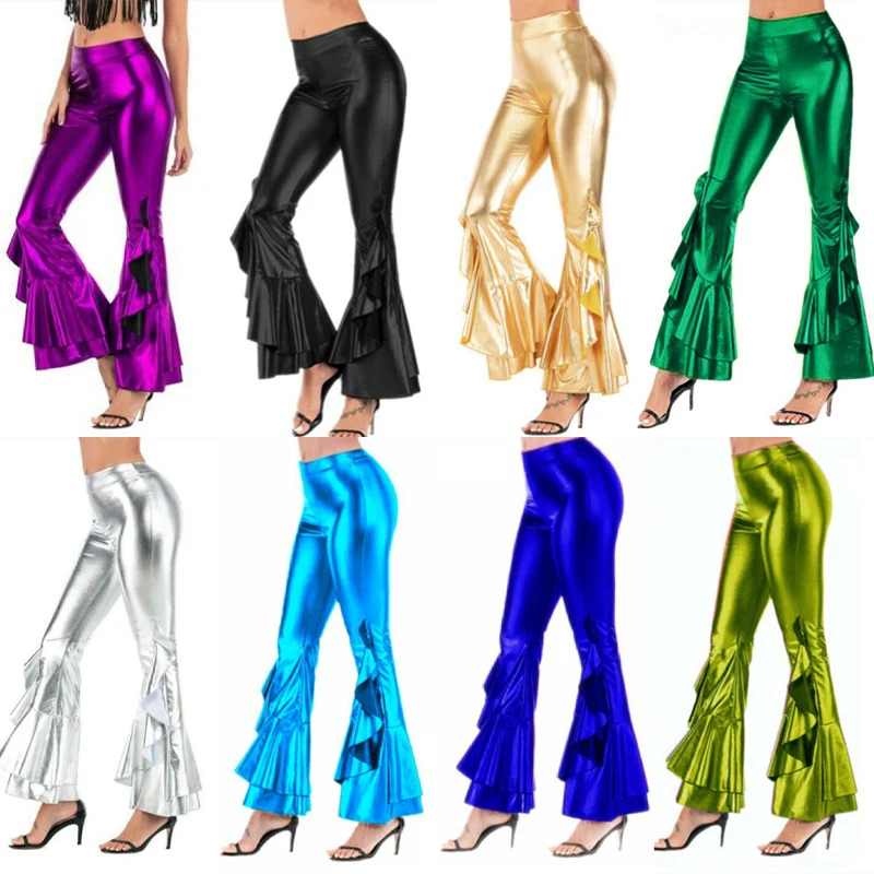 Women Shiny Flare Trousers Laser Metallic Wetlook Ruffle Wide Leg Pants Retro 70s Disco Hippie Club Trousers Skinny Bell Bottoms