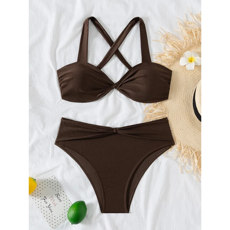 

Brown Bikini 2025 Brazilian Biquini Bandeau Two Pieces Swimsuit Women High Waist Bathing Suit Swimwear Female Summer Beach Wear