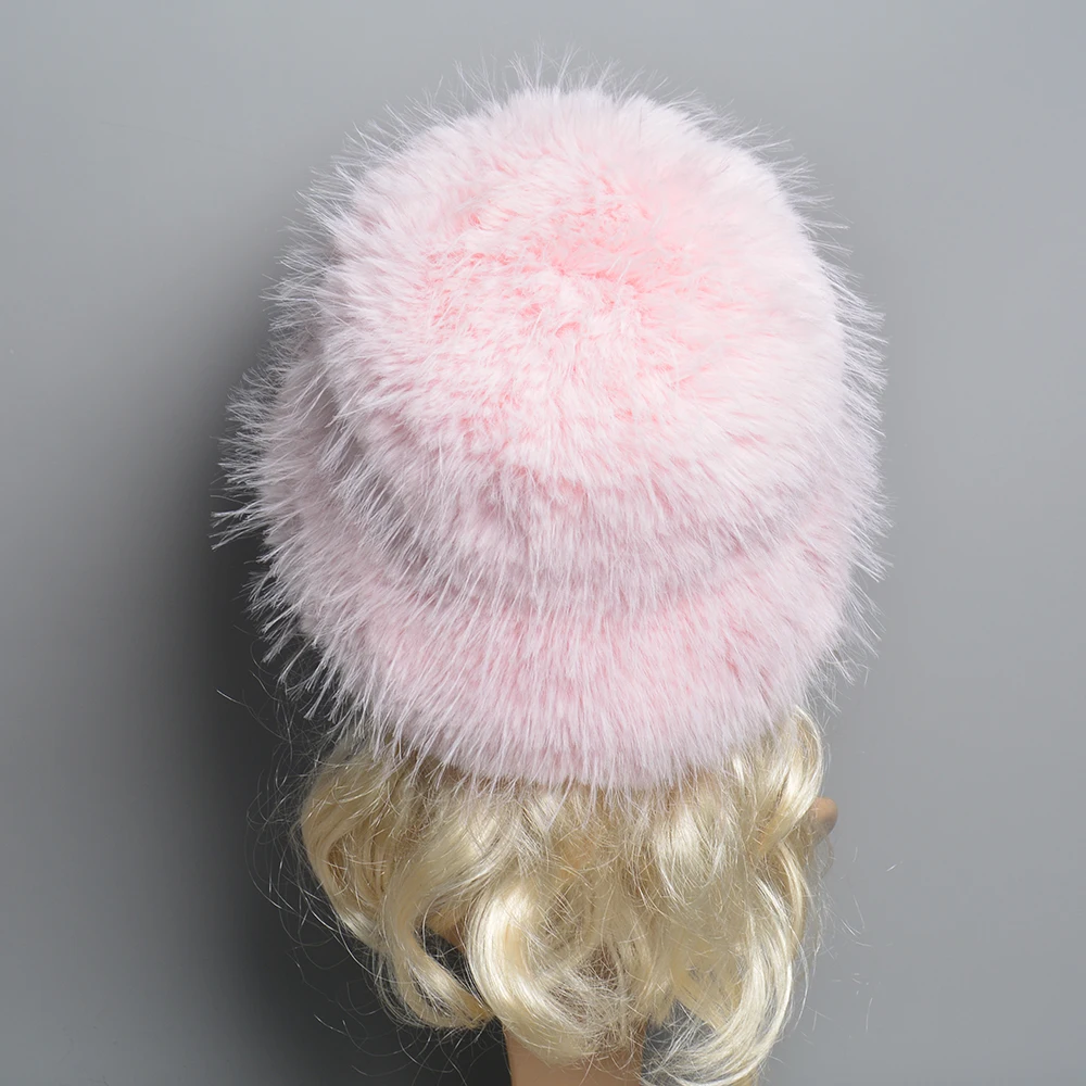 New Women Winter Luxury Knitted Faux Fur Bomber Hat Natural Warm Faux Fur Cap Girls Quality Soft 100% Genuine Faux Fur Hats