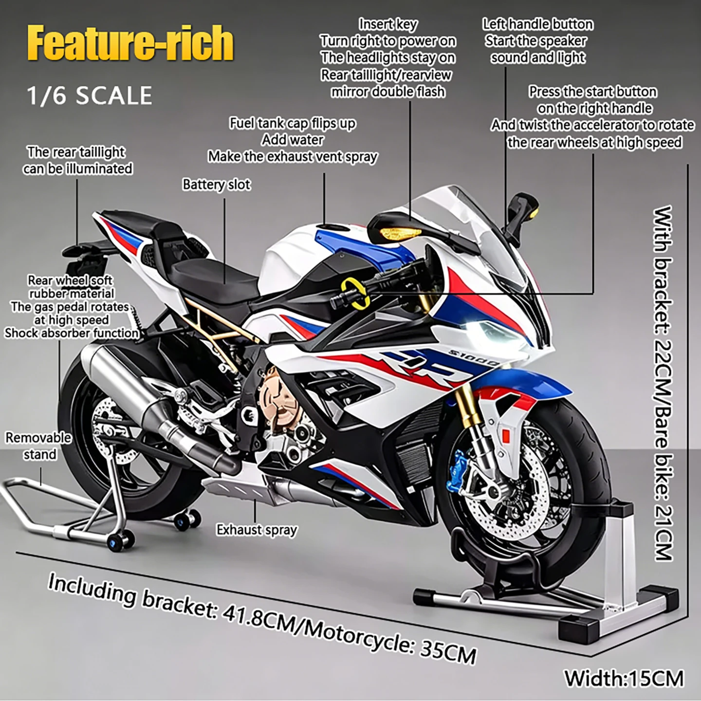 Officially Licensed BMW-S1000RR Motorcycle 1:6 Alloy Metal Diecast Model Sport Superbike Collectibles Toy Simulate Spray Light - view 2
