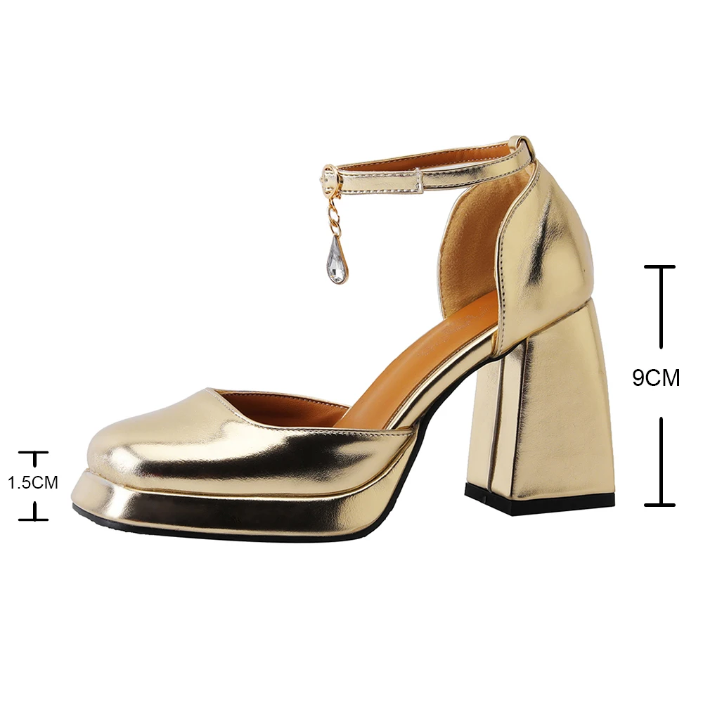 2024 New Gold Silver Platform Pumps Women Thick Heels Mary Jean Shoes Woman Square Toe High Heeled Shoes Ladies Mirror Pumps