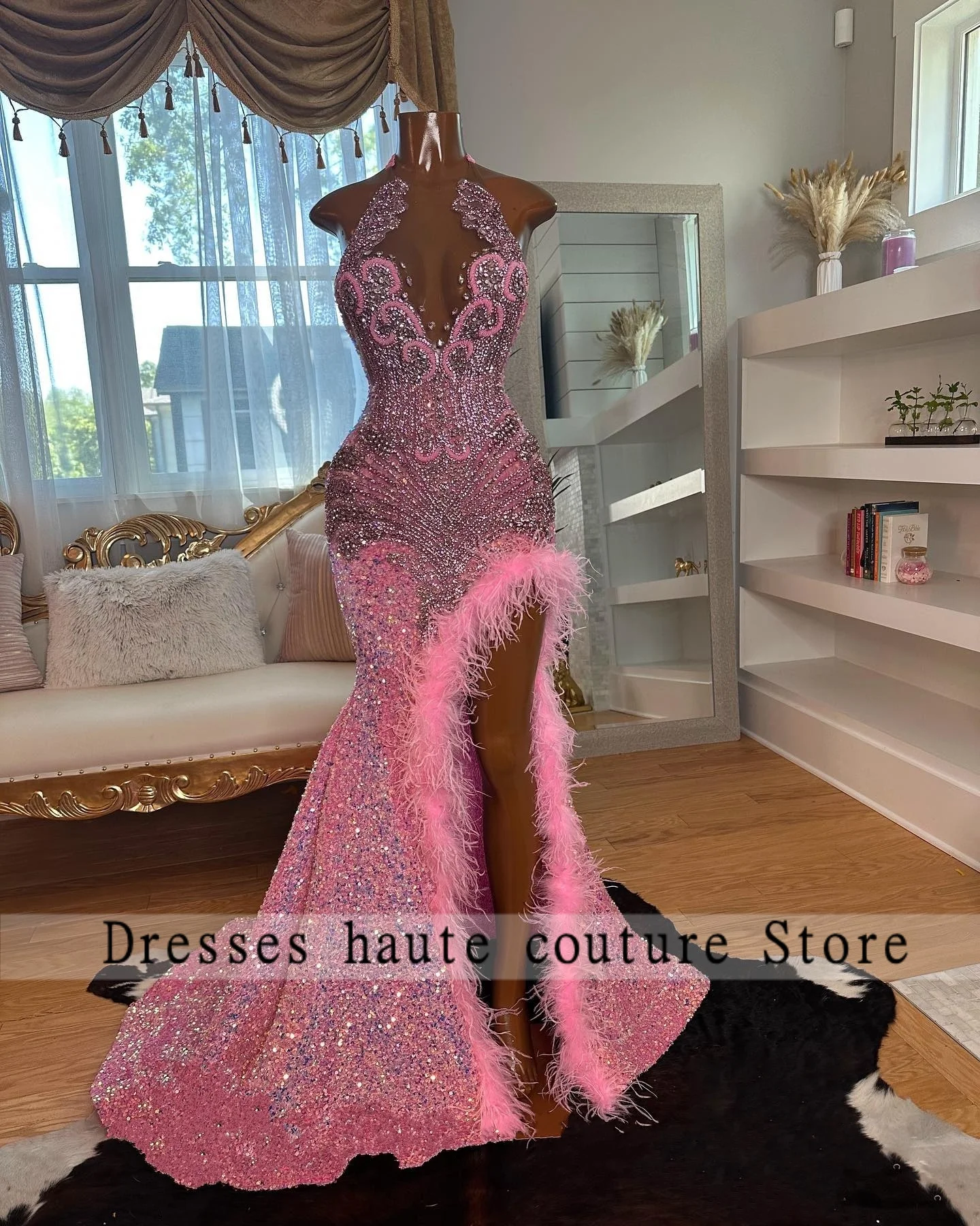 Nuovi arrivi Piume rosa Abiti da ballo Paillettes rosa Strass di cristallo Abito da compleanno Abito da sera formale Abiti personalizzati