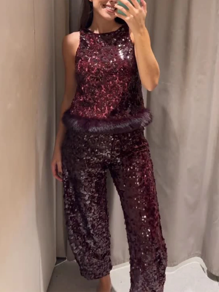 

Fashion Sequin Faux Fur Patchwork Vest Pant Set Womens O-neck Sleeveless Backless Top Wide Leg Pants 2026 Spring Lady Party Suit
