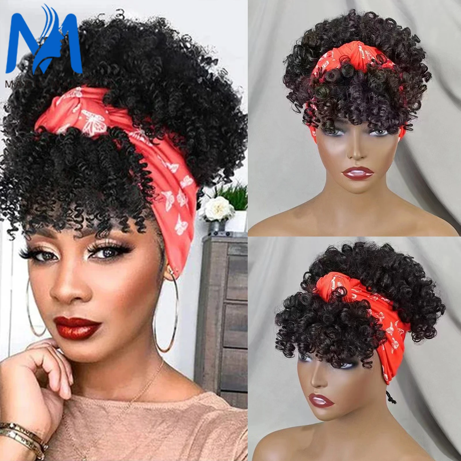 

Human Hair Headband Wigs for Black Women Natural Black Afro Fluffy Curly Scarf Wig with Bangs 200% Kinky Curly Headband Wig