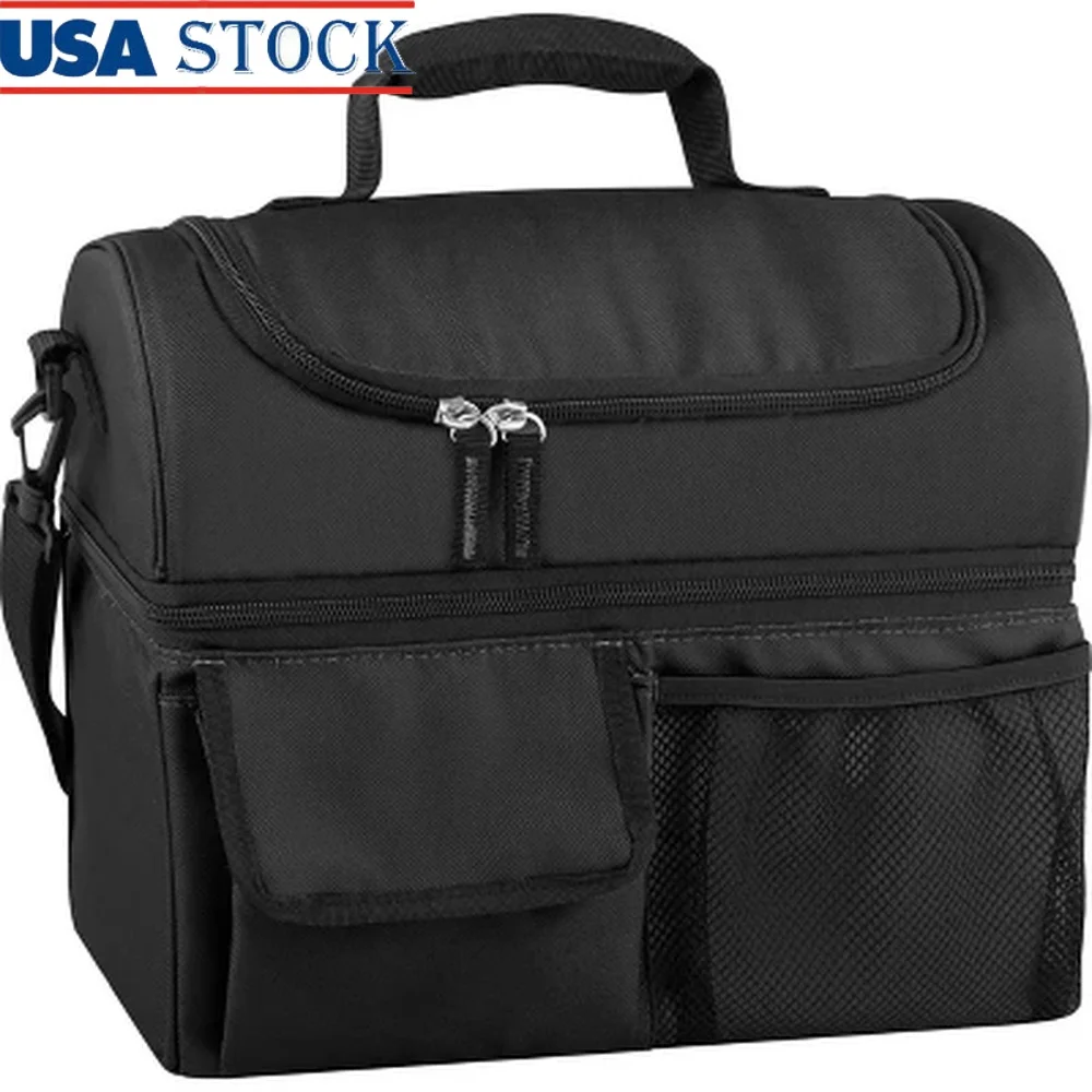 

Insulated Lunch Bag with Dual Compartments Front Pockets Zipper Closure PEVA Lining BPA-Free Heat-Sealed Design Portable Travel