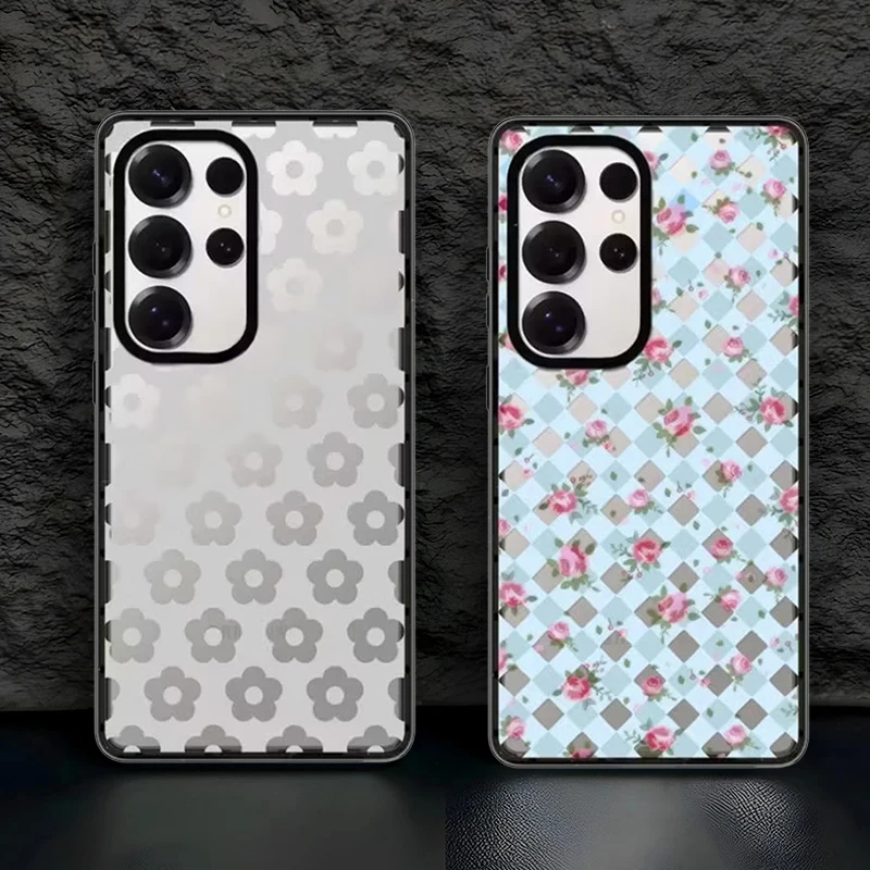 

Blue Flower Plaid Acrylic Black Border Case for Samsung Galaxy S26 S25 S24 S23 Ultra S26U S24+ S25+ S26 Plus Protective Case