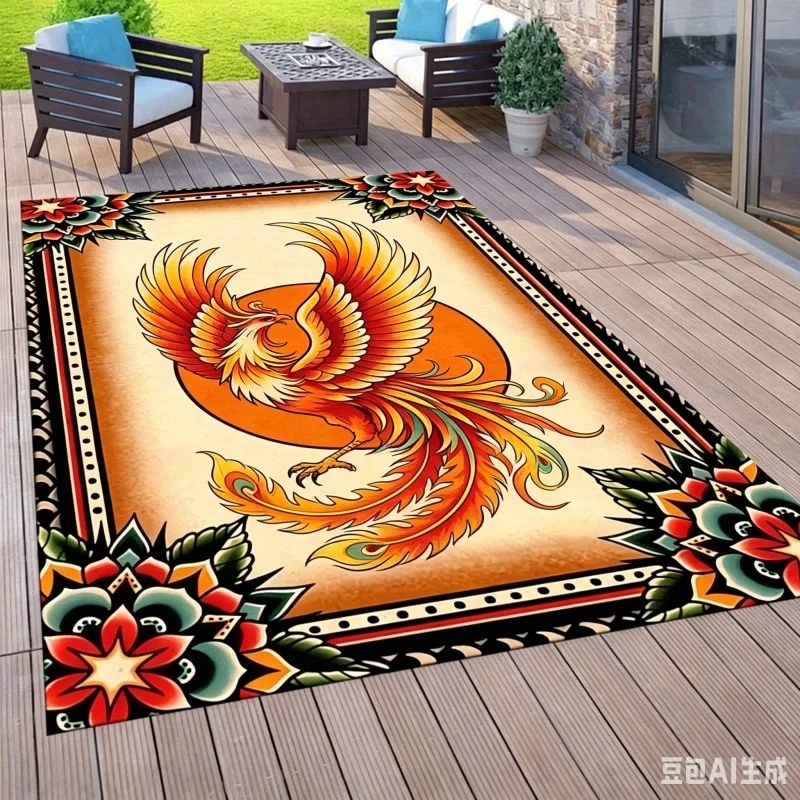 Newest Traditional Eagle Tattoo Floral Large Outdoor Rug Non Slip Patio Entry Floor Carpet