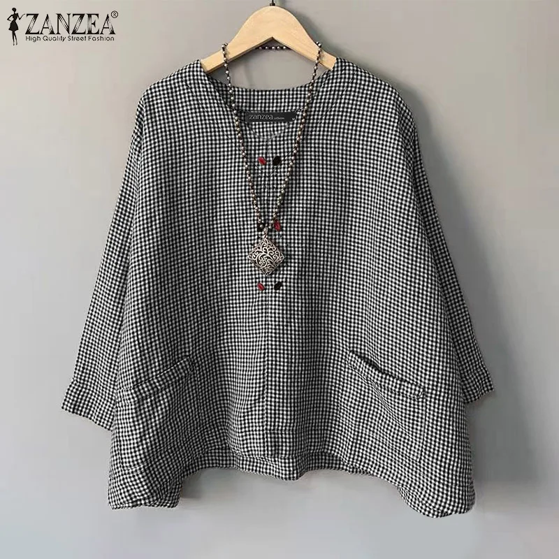 

ZANZEA 2025 Autumn Shirt Fashion Tunic Casual Loose Women Blouse Checked Printed Pocket 3/4 Sleeve Round Neck Tops Blusas Femme