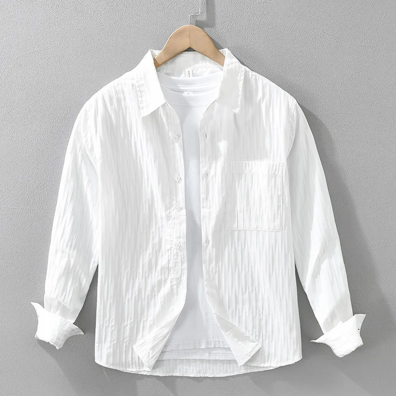 Loose Fit Long Sleeve Ice Silk Bubble Shirt Men's Casual Summer Fashion Urban Style Breathable Lightweight Classic Collar But...