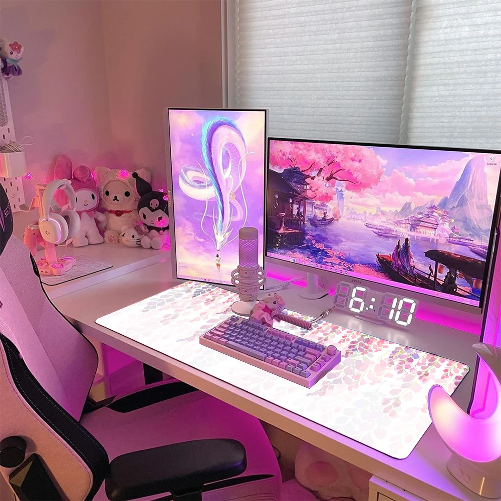 Pink Xxl Mouse Pad Flowers Plant Desk Mat Big White Custom Mousepad Aesthetic Gamer Girl Desktop Kawaii Accsesories Sublimation