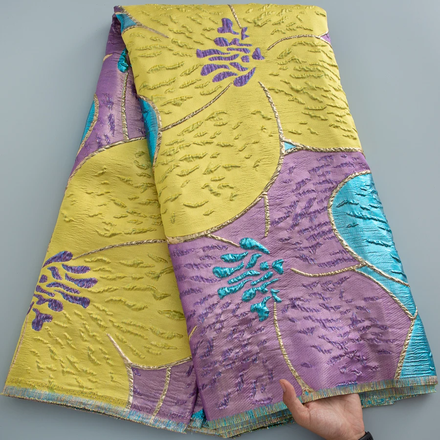 2026 Luxuriöser Blumen-Afrikanischer Brokat-Jacquard-Stoff mit Glänzenden Goldlinien, Damast-Stoff für Nigerianische Partys und Hochzeitskleider, 6 Farben Erhältlich