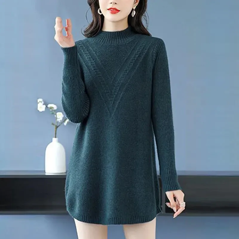 6XL Large Size Women\'s Autumn Winter High End Wool Sweater Loose Solid All-match Knitted Pullovers Korean Mid-Length Jumper Tops