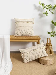 A beige triangular dot tassel pillow cover with European and American style tufting technology used for sofas, beds, bedrooms