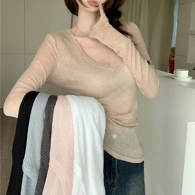 Autumn Casual Lazy Style All-Match Retro Sexy Solid Color Thin Perspective Design V-Neck Long-Sleeved Cover Up Shirt Top