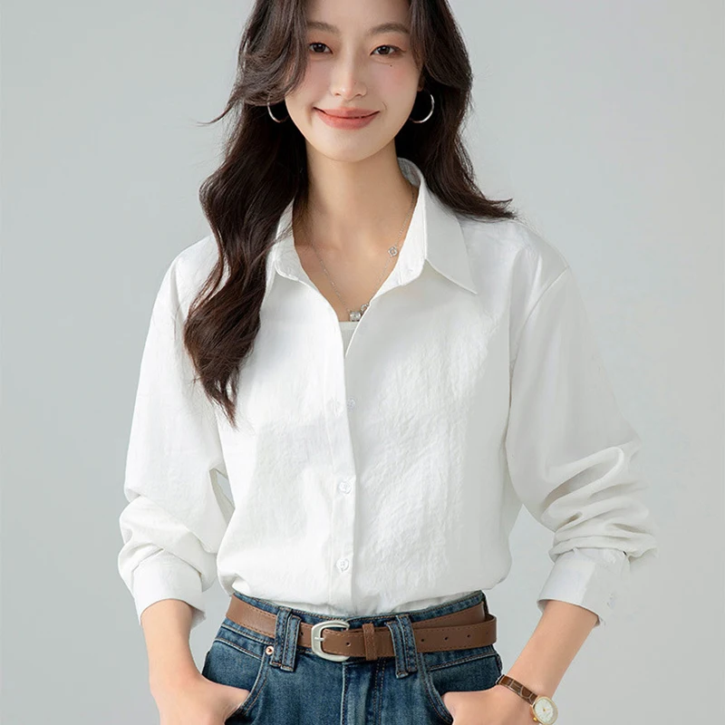 

Korean Loose Long Sleeve Shirts Women Spring Autumn Solid Color Lapel Shirt Woman Office All Match Single-Breasted Blouse Ladies