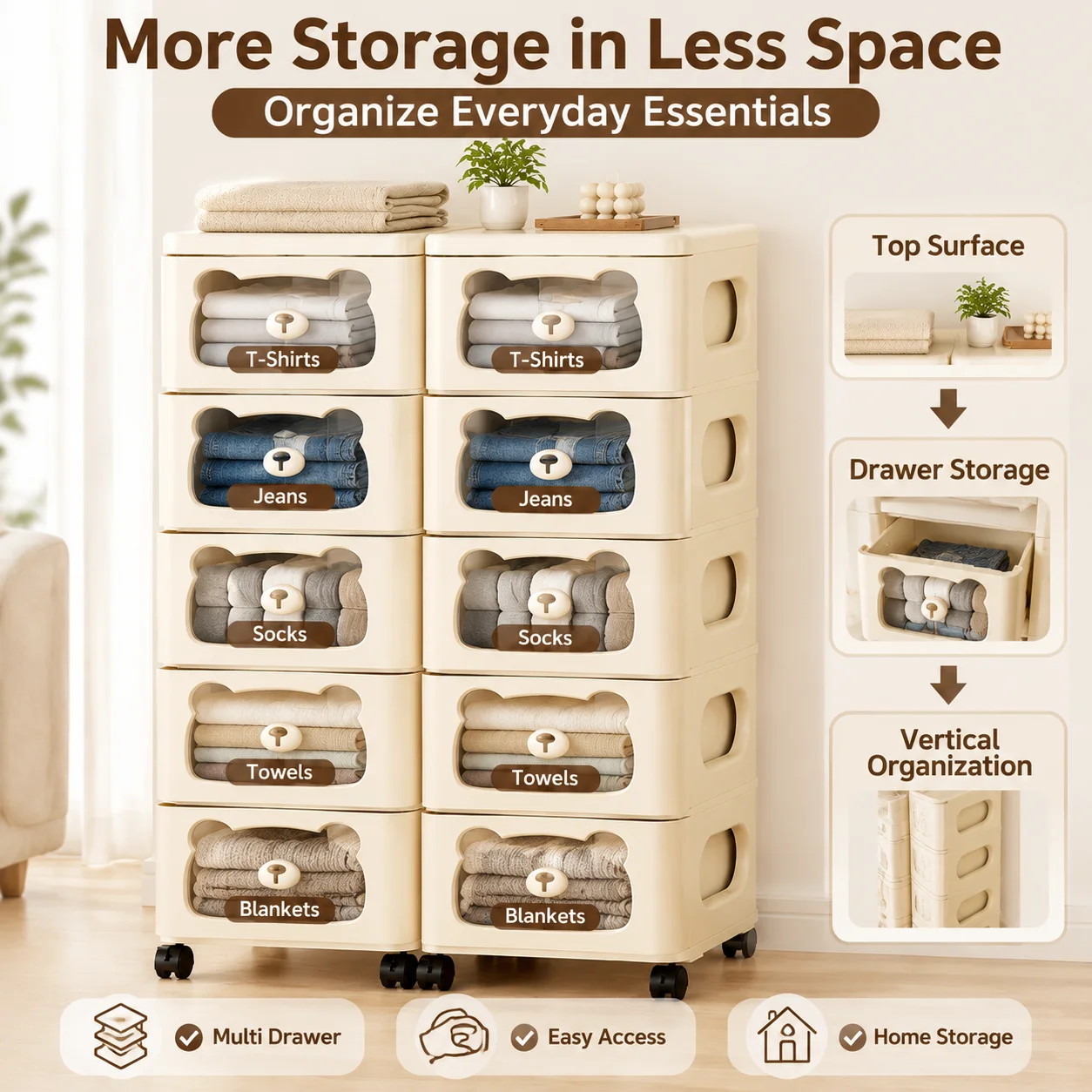 Renter Friendly Double Column Plastic Drawer Storage Cabinet Rolling Multi Drawer Organizer with Visible Window Wheels Stackable Storage Dresser for Bedroom Nursery Dorm