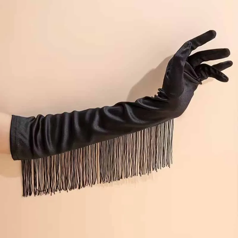 Gloves Long Satin Fringe Latin Dance Stage Performance Black White Red Soft Stretchy Lightweight Elegant Women Men Unisex Cozy