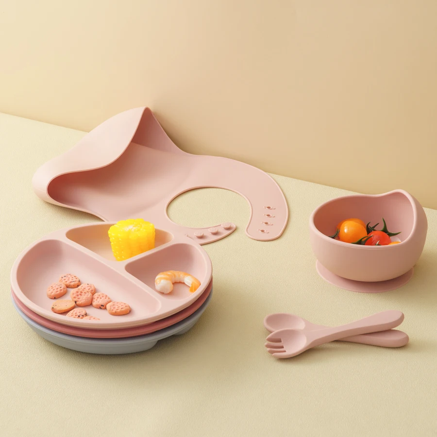 5PCS Silicone Dinner Sets For Baby Non-Slip Bowl Suction Plate Adjustable Bib Soft Utensils Feeding Training Baby Meal Tray