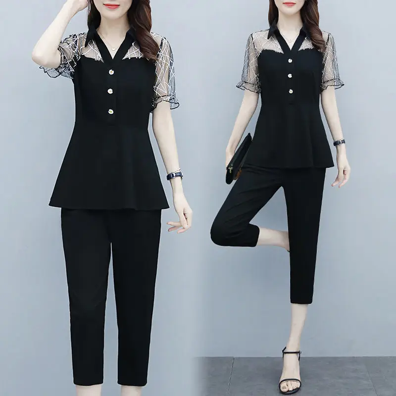 2022 Summer New Korean Fashion Hollowed Out Daisy Elegant Women\'s Suit Sexy Lace Chiffon Shirt Pants Two-piece Set Trouser Suits