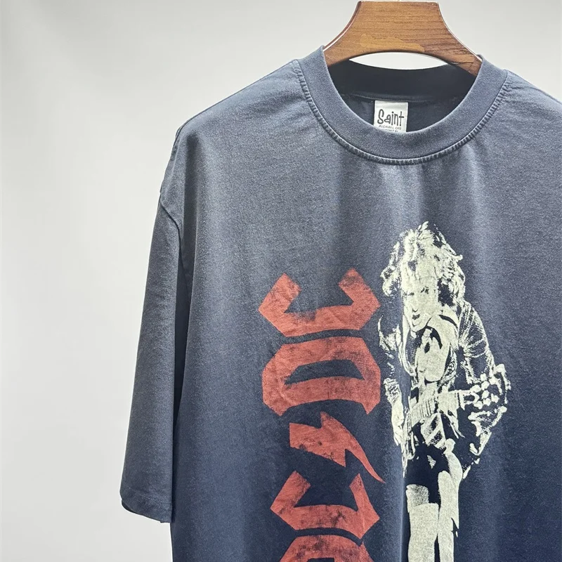 Loose Casual Man Woman Cotton Saint T-Shirt High Street Vintage Washed Blue Short Sleeve Best Quality Pattern Printed T Shirt