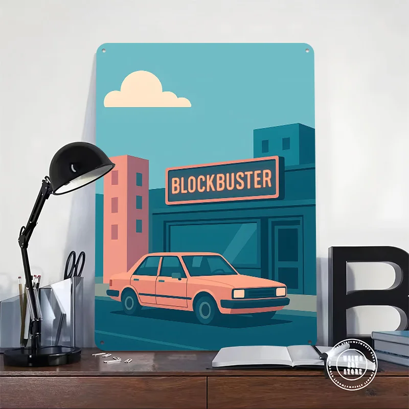 Blockbuster Storefront With Car Tinplate Poster Custom Wall Art Vintage Metal Signs Retro Tin Plaque for Aesthetic Decoration