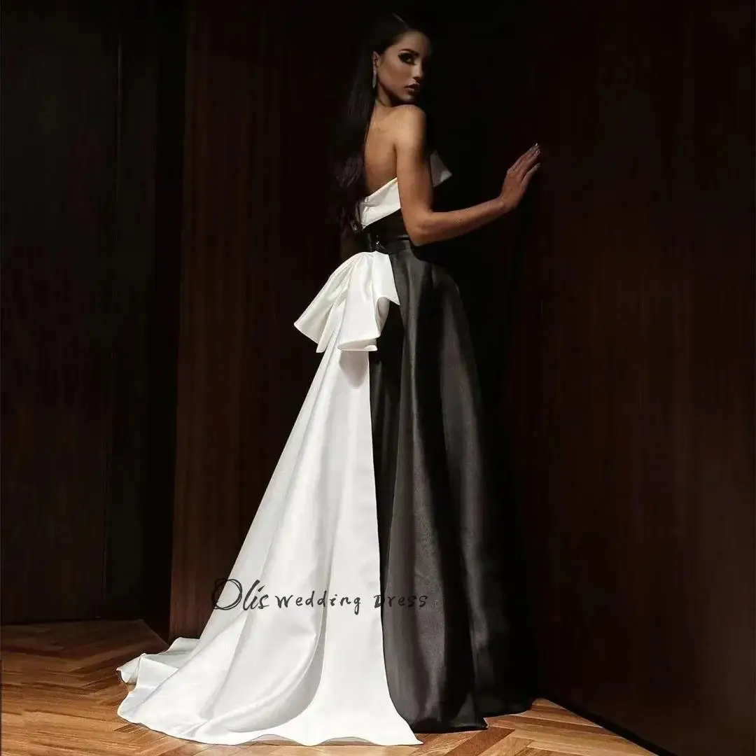 customized Black and White Stitching Satin A Line Long Prom Dresses Strapless Sexy Backless Women Party Gowns Special Banquet