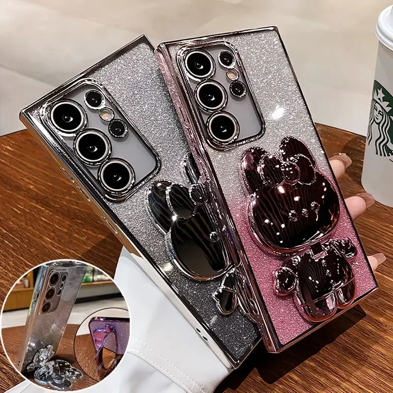 بريق مرآة أرنب حامل حافظة لهاتف سامسونج S25 FE Edge S24 S23 Ultra Plus A17 07 56 55 36 35 26 25 16 06 05 05S M/F/C/55 غطاء