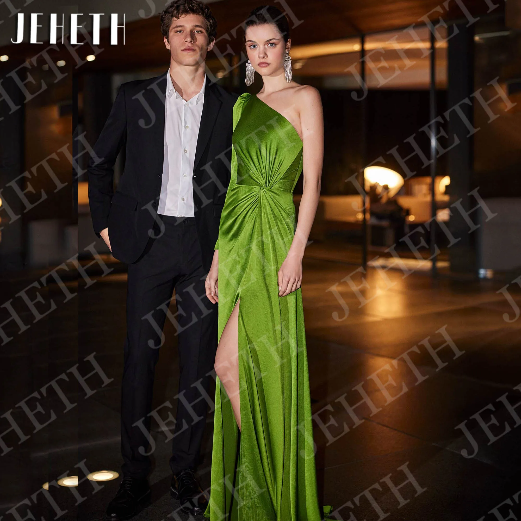 

JEHETH Элегантные вечерние платья трапециевидной формы Вечернее женское атласное вечернее платье на одно плечо с высоким разрезом Зеленое простое платье длиной до пола по индивидуальному заказу Элегантные вечерние плат