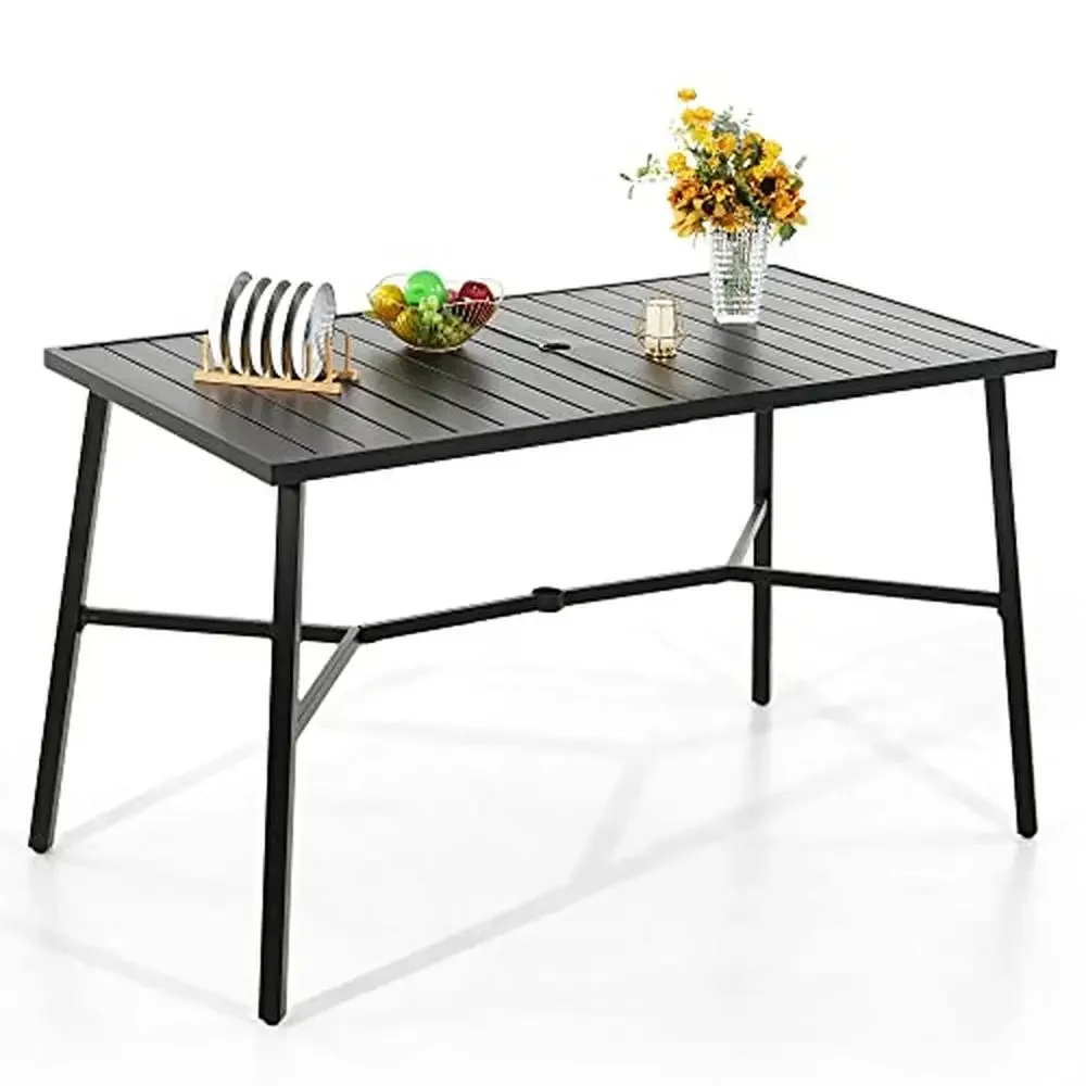 Rectangular Metal Steel High Top Outdoor Patio Bar Table with Umbrella Hole Garden Deck Yard Black Stylish and Durable Alloy