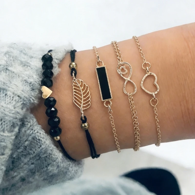 5 pcs/set Women's Bracelets Black Enamel Square Hollow Heart Knot Design Bohemian Bracelets Set Vintage Round Beads Wrist Chain