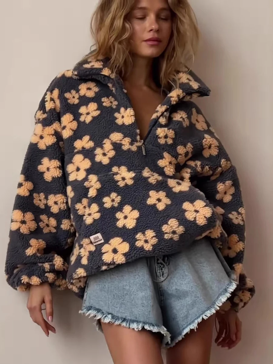 

Autumn Winter Women Polar Fleece Pullover Hoodies Warm Soft Half Zip Pocket Oversized Sweatshirts Loose Floral Print Top S-XXL
