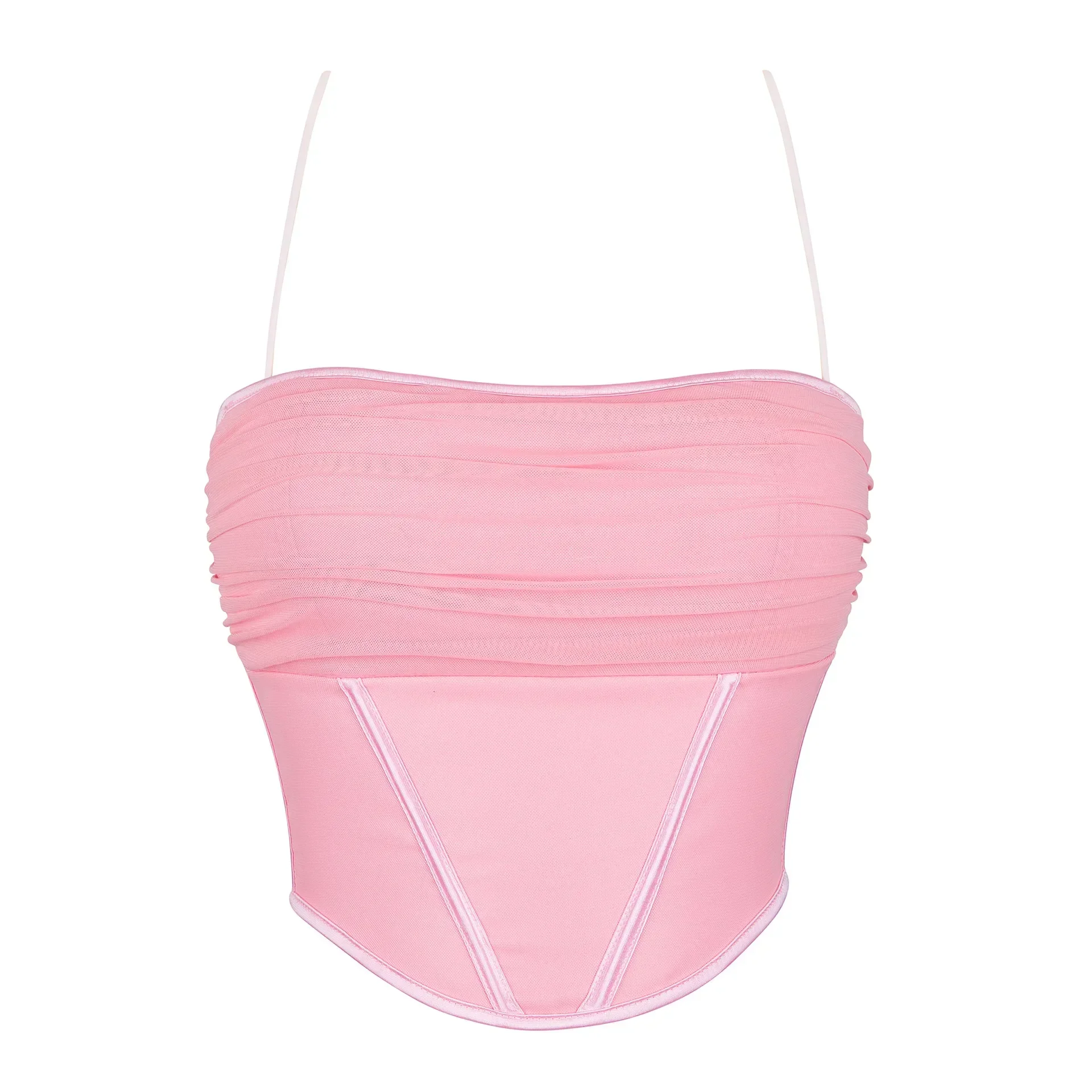 Summer Fashion Fold Halter Corset Crop Tops Sexy Tank Top For Female Lingerie Woman Overbust Clothing Camisole Pink