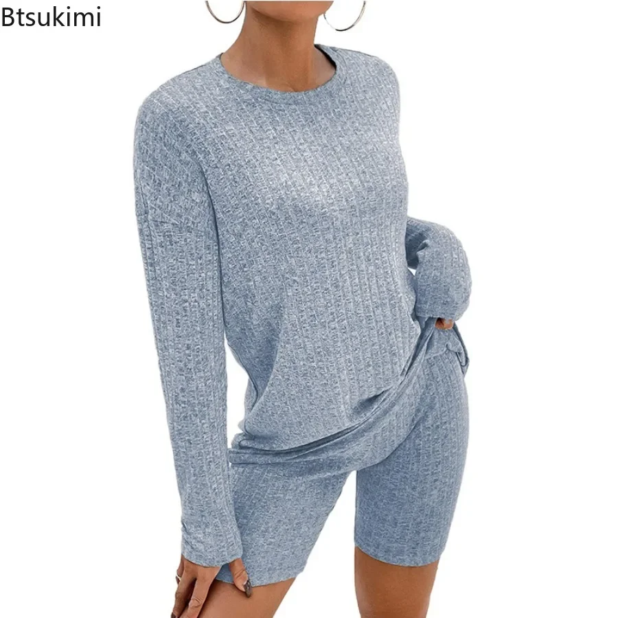 

2025 Women's Casual Pajamas Lounge Sets Ribbed Knit Matching Outfits Long Sleeve Biker Shorts Set Sleepwear Loungewear for Women