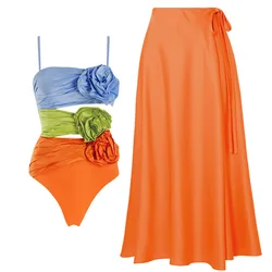 Conjunto de bikini de flores de tres colores, traje de baño de cintura alta, traje sexy, ropa de playa, cubierta, 3 colores