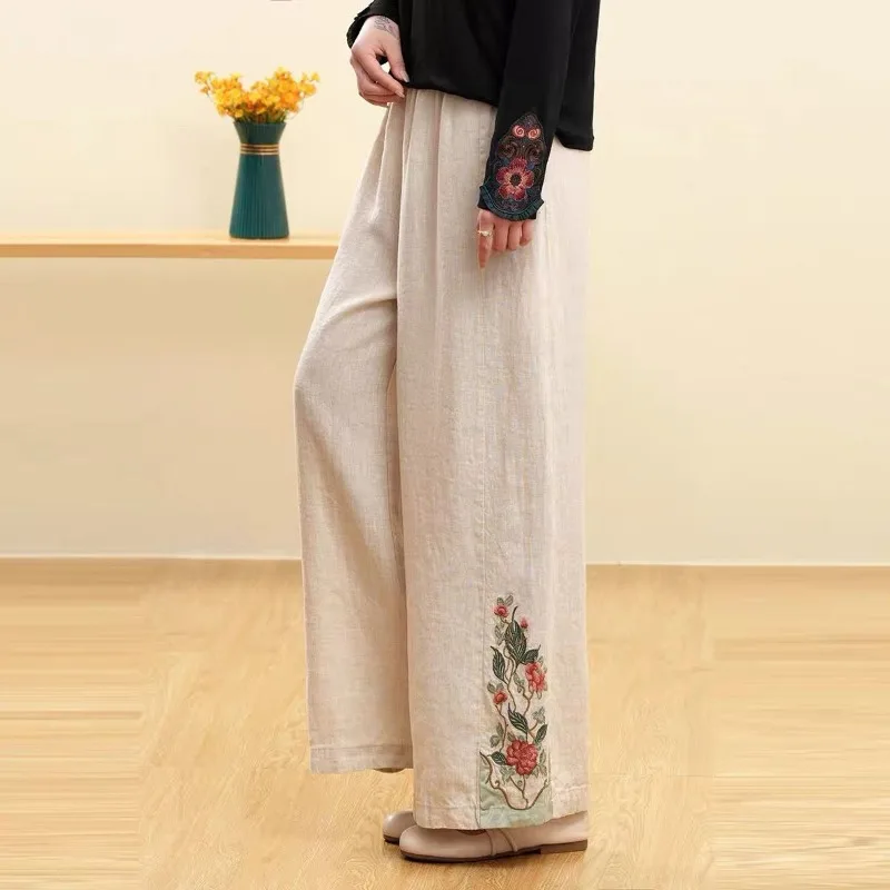 2024 Summer New Cotton Linen Vintage Folk Tribal Embroidered Elastic High-waisted Wide Leg Straight Loose Women's Casual Pants