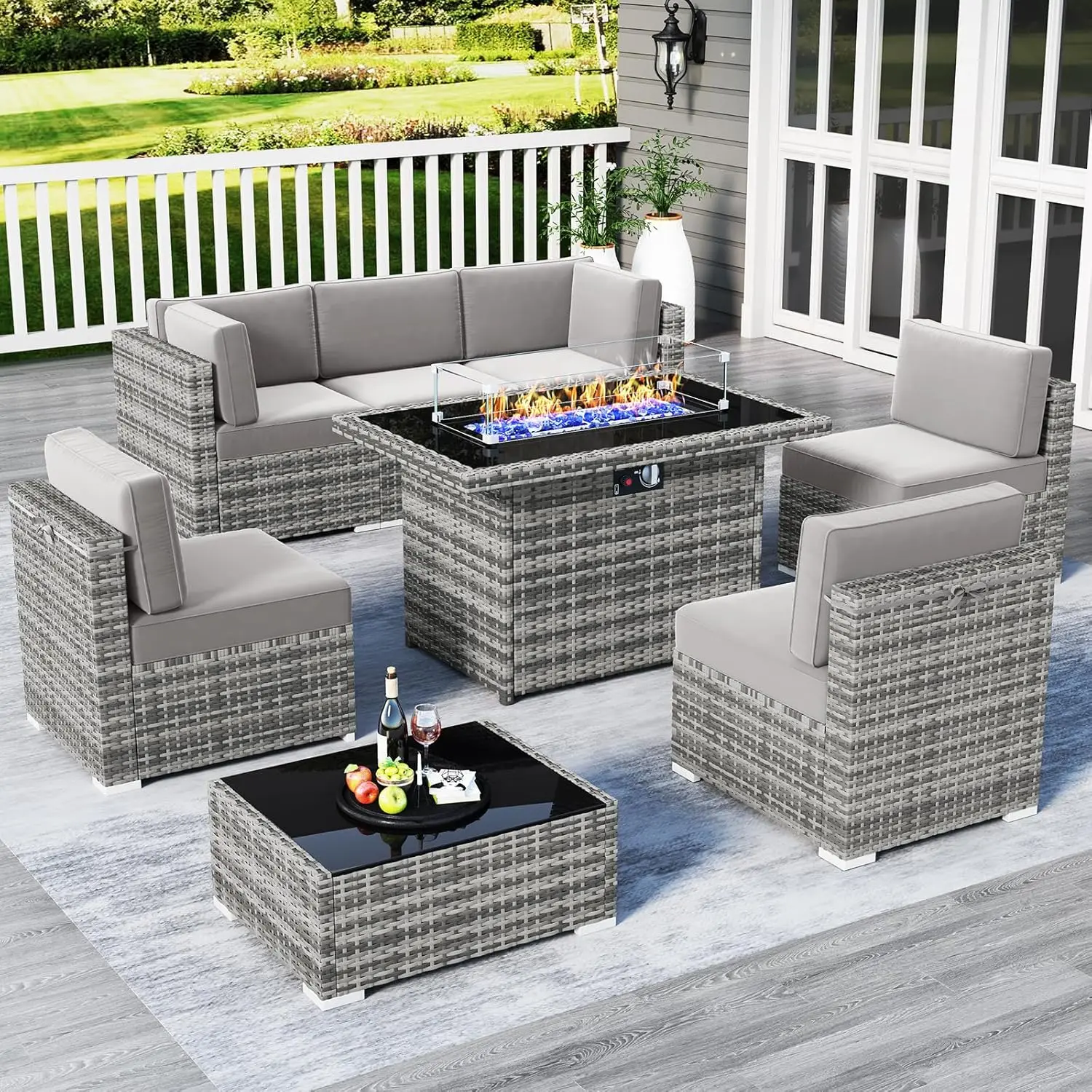 

Patio Furniture Set with 44 "Propane Gas Fire Pit Table, Outdoor Sectional Conversation Set, Wicker Rattan Sofa Set, 8 PCs