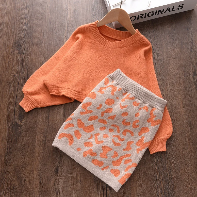 2022 New Fashion Knitting Clothing Sets Baby Girls Autumn Knitwear Cardigan And Suspender Skirt Outfit Kids Printed Clothes Suit