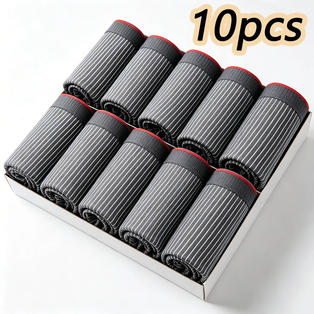10pcs Men's Comfortable Breathable Graphene Crotch Underwear Stripe Flat Angle Briefs Teenage Quadrangle Shorts Pure Cotton
