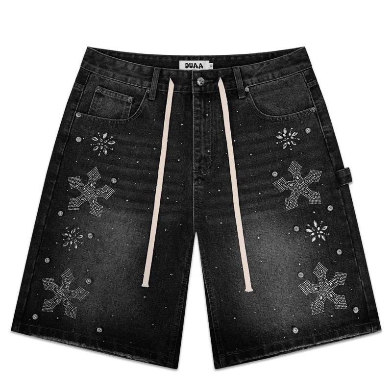 Heavy Craft Rhinestone Snowflake Man Duaa Jeans Waist Drawstring Vintage Distressed Wide Leg Carpenter DUAA Denim Shorts